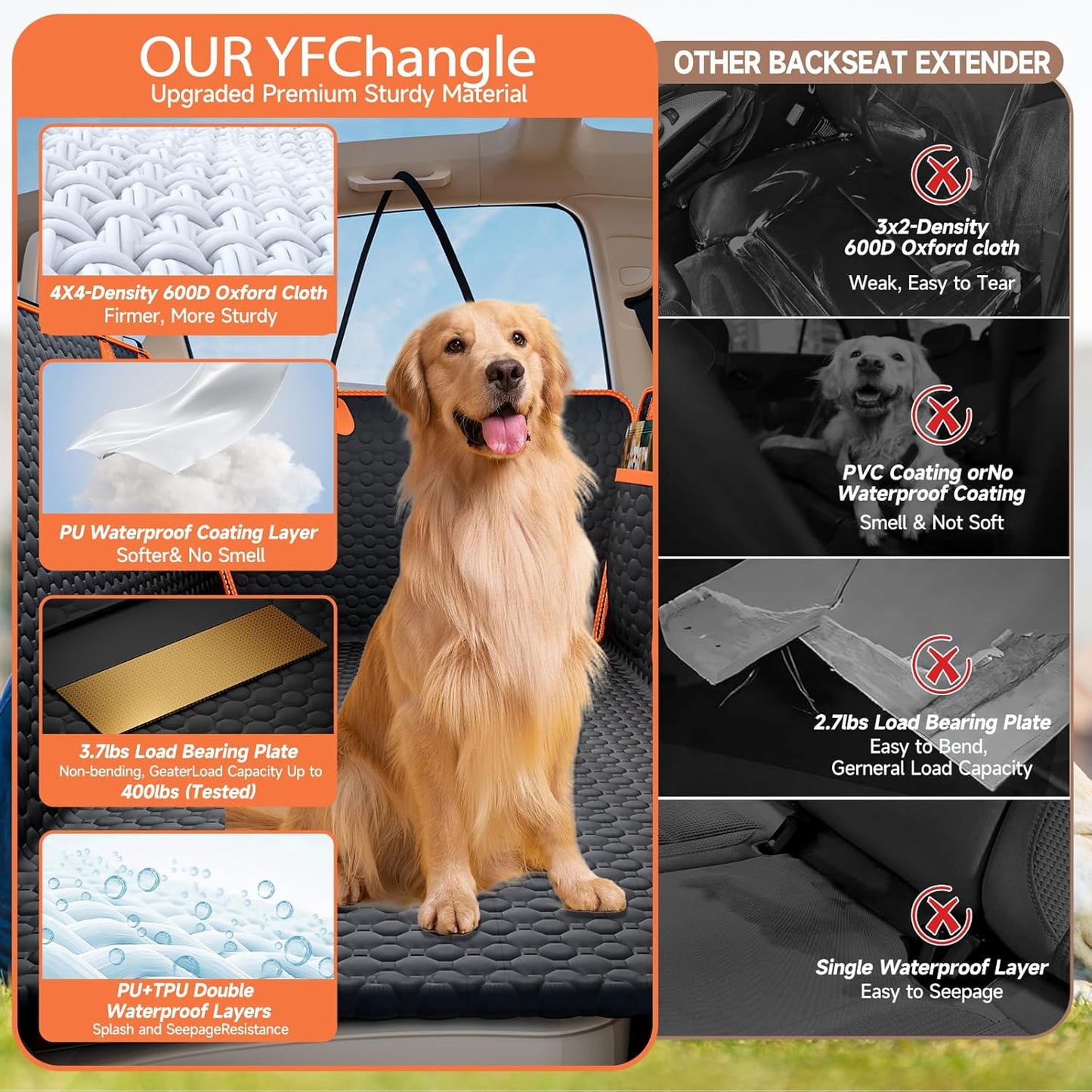 Grey Large Space Dog Hammock for Car, SUV, Small Truck - Universal Fit Dog Car Seat Cover with Hard Bottom, Waterproof & Scratch-Proof, Supports Up to 500 lbs