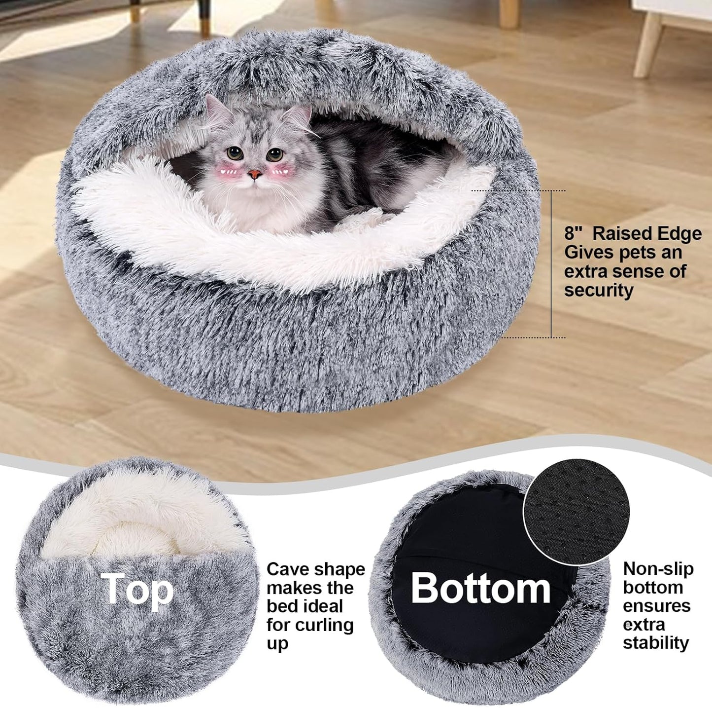 Calming Dog Beds & Cat Cave Bed with Hooded Cover,Removable Washable Round Beds for Small Medium Pets,Anti-Slip Faux Fur Fluffy Coved Bed for Improved Sleep,Fits up to 15/25 lbs(Grey,M)