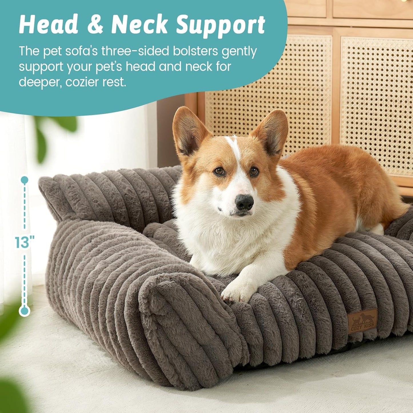 Cute Cat Couch, Premium Plush Faux Fur Pet Couch Bed, Ultra-Soft Pet Furniture for Cats & Small Dogs (Grey, M: 31.5''x23.5'')