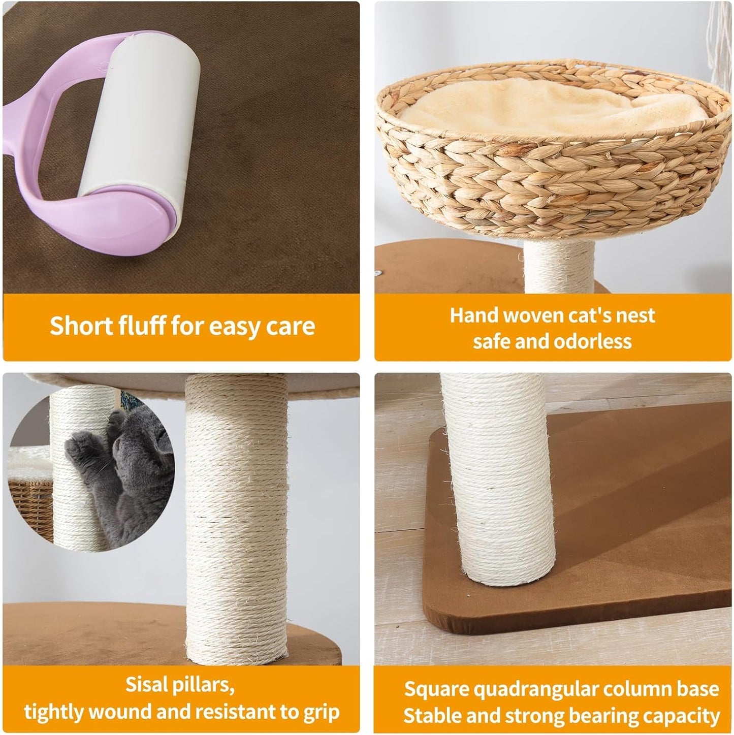 Large Wood Cat Tree Tower for Indoor Cats, Multi-Cats Scratching Post & Cat Condo with Handwoven Cat House Basket, Thick Sisal Posts, Modern Stable Cats Tower Furniture