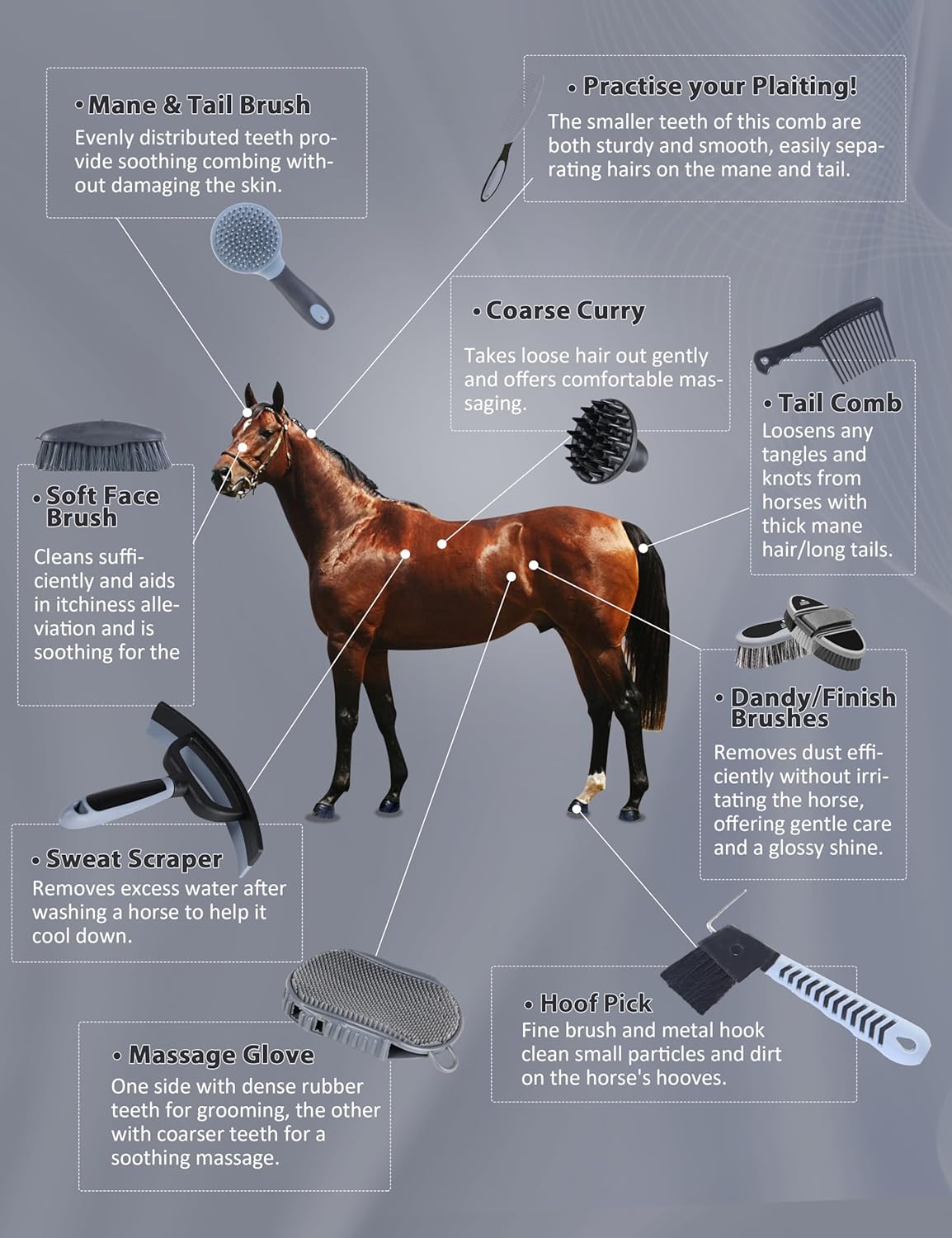 Harrison Howard Horse Grooming Kit 11-Piece Equine Care Series Horse Brush Sets with Organizer Tote Bag Tack Room Supplies Shedding Grooming Massaging Tools Black Brushstroke Ponies