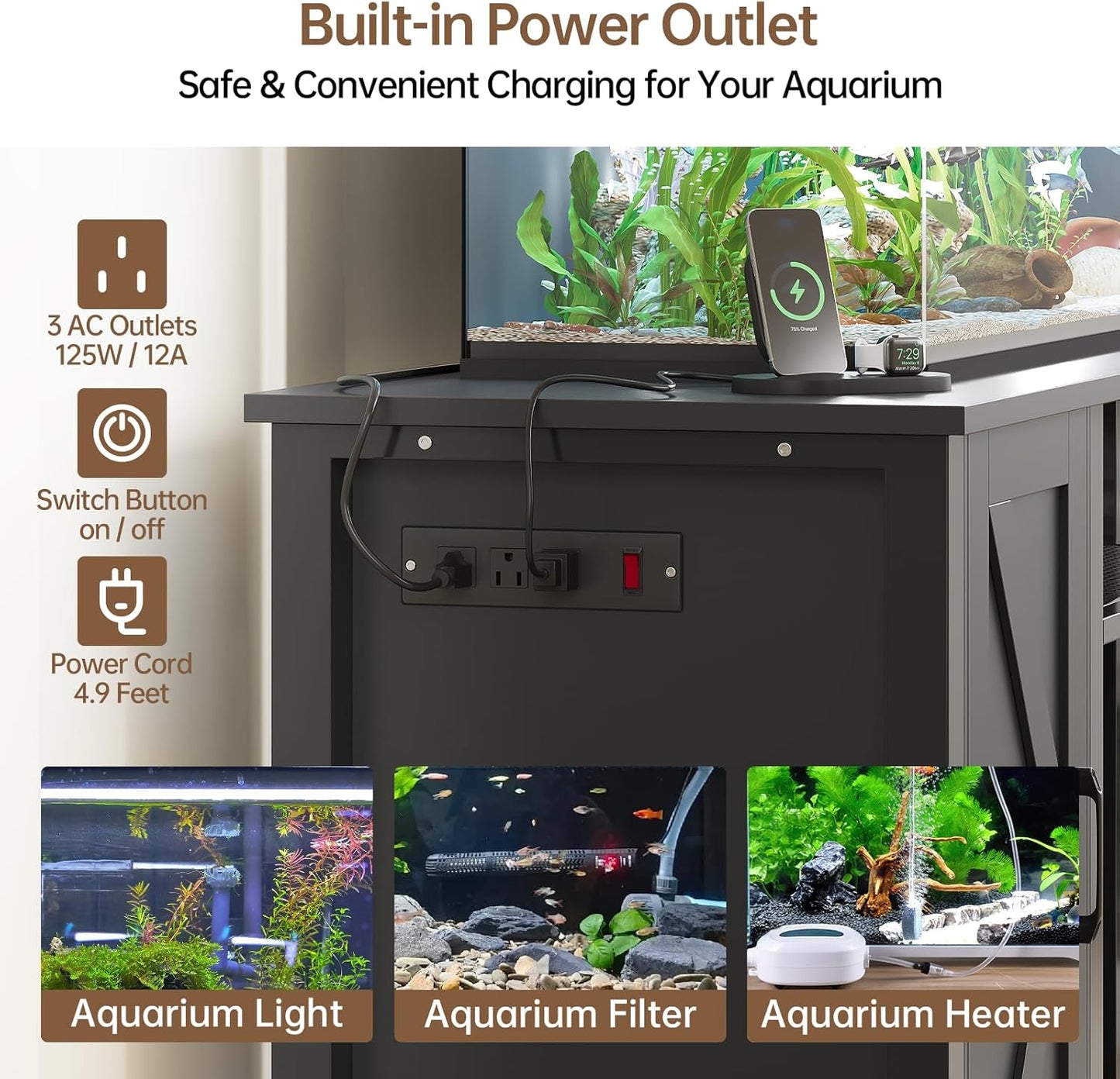 55-75 Gallon Aquarium Stand with Power Outlet, Heavy Duty Fish Tank Stand with Cabinet Storage & Adjustable Shelf, for Fish Tank, Turtle Tank, Reptile Terrarium, 1000LBS Capacity, Black