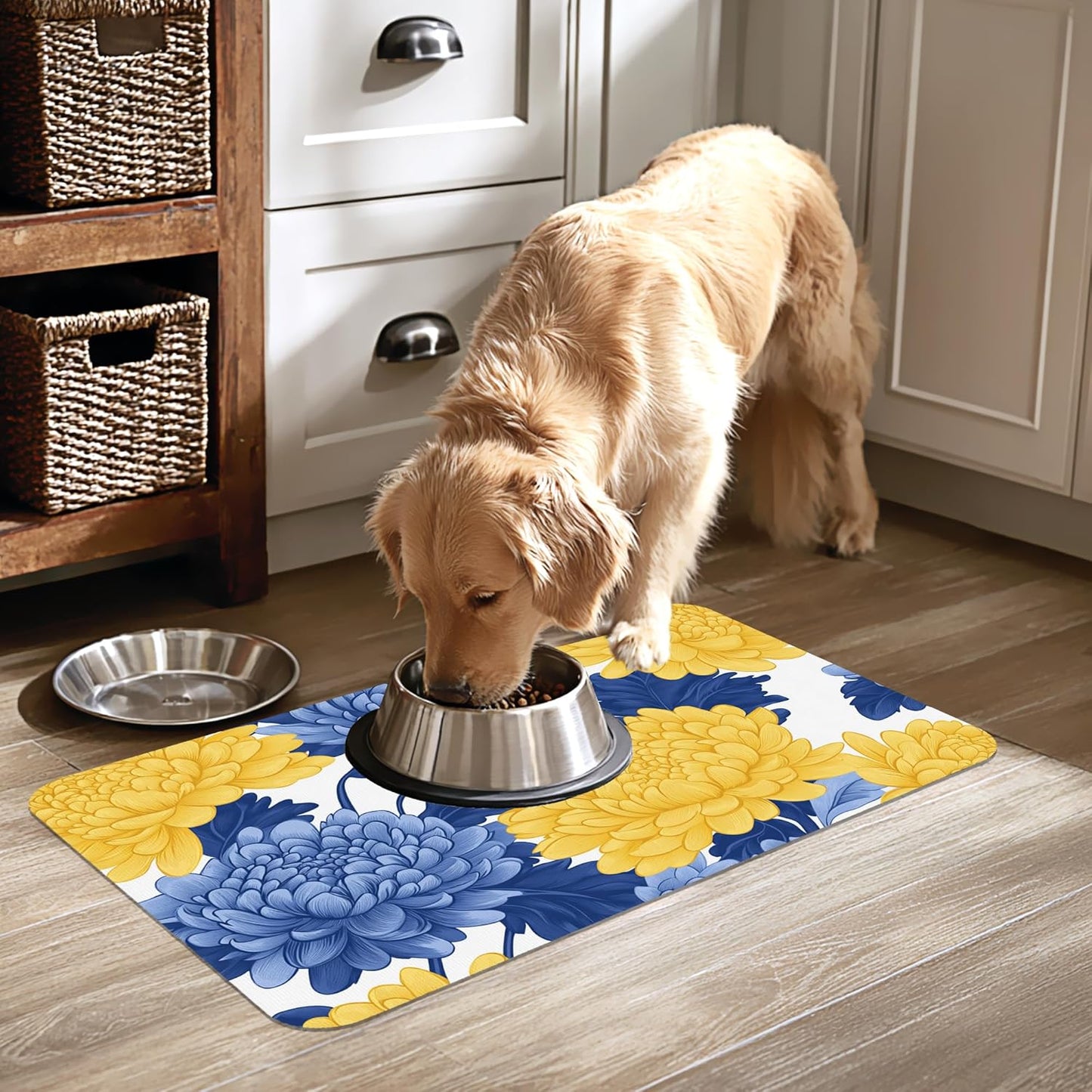 Blue Yellow Flowers Pet Cat Dog Food Mat-Absorbent Quick Dry Feeding Placemat for Water and Food, No Stains Rubber Base Mat for Indoor Use, Pet Accessories 12"x20"