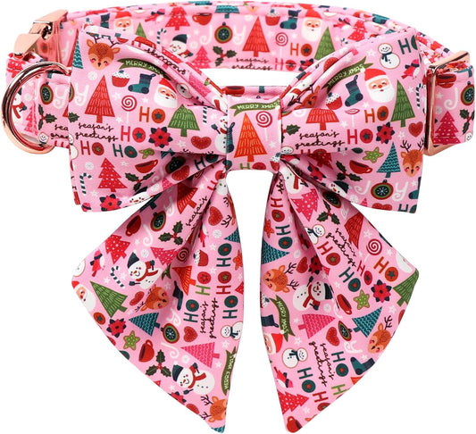 Lionet Paws Christmas Dog Collar with Sailor Bow, Cute Ho Christmas Tree Snowman Pink Dog Collar Bow Tie for Dogs, Medium, Neck 13.5-22 inches