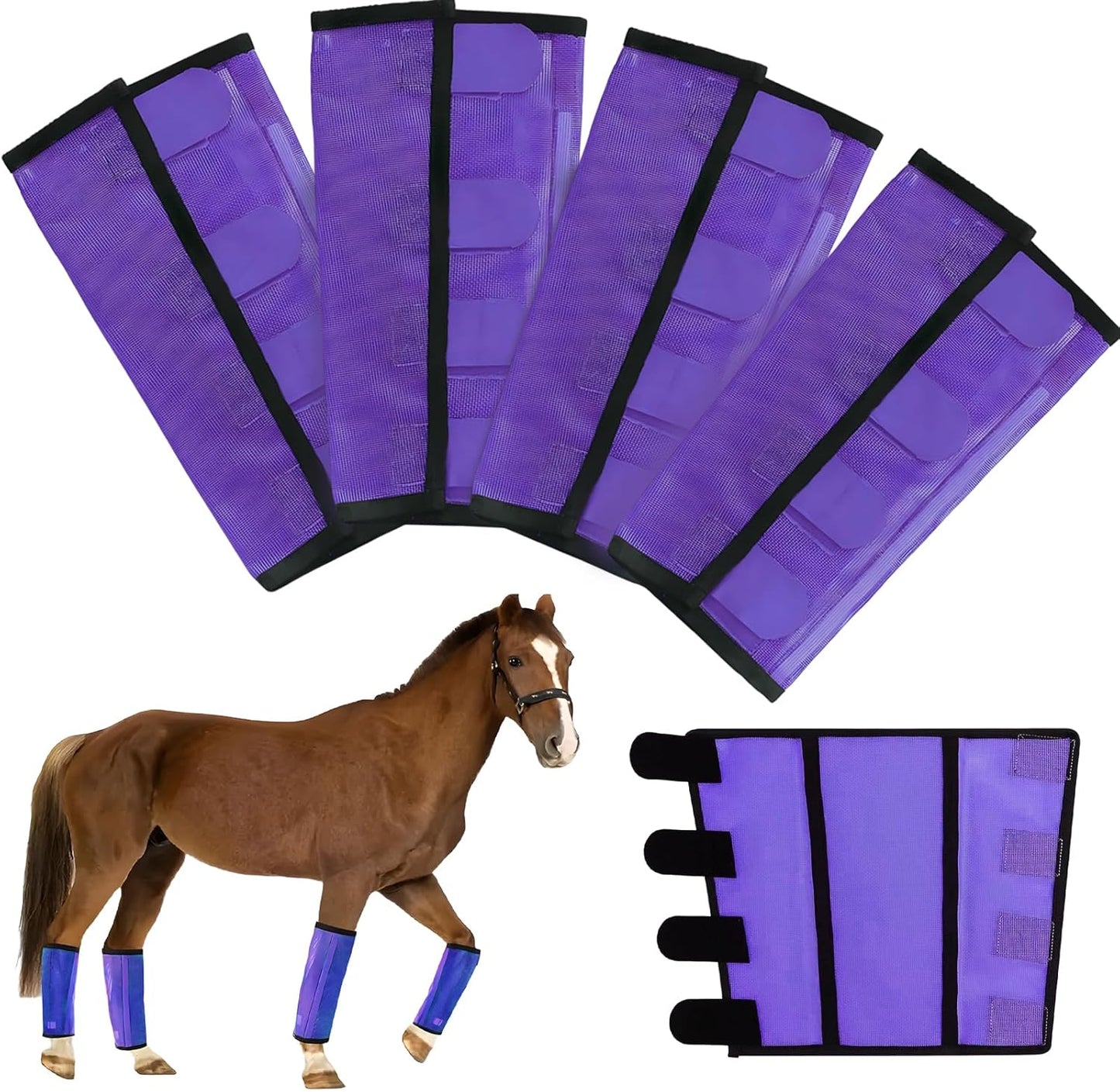 Mesh Horse Fly Boots Set of 4，Adjustable and Universal Loose Fitting & Non-Slip Horse Fly Leggings for Horses,Reduce Stressful Stomping (Purple)