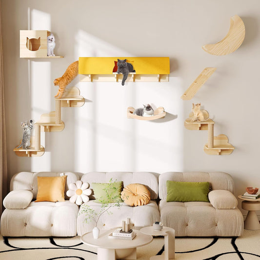 Cat Wall Shelves and Perches, Solid Wood Wall Mounted Cat Furniture, Set of 13 Cat Climbing Shelves with Moon Hammock, House, Wall Ladder, Scratching Post and Cat Tunnel