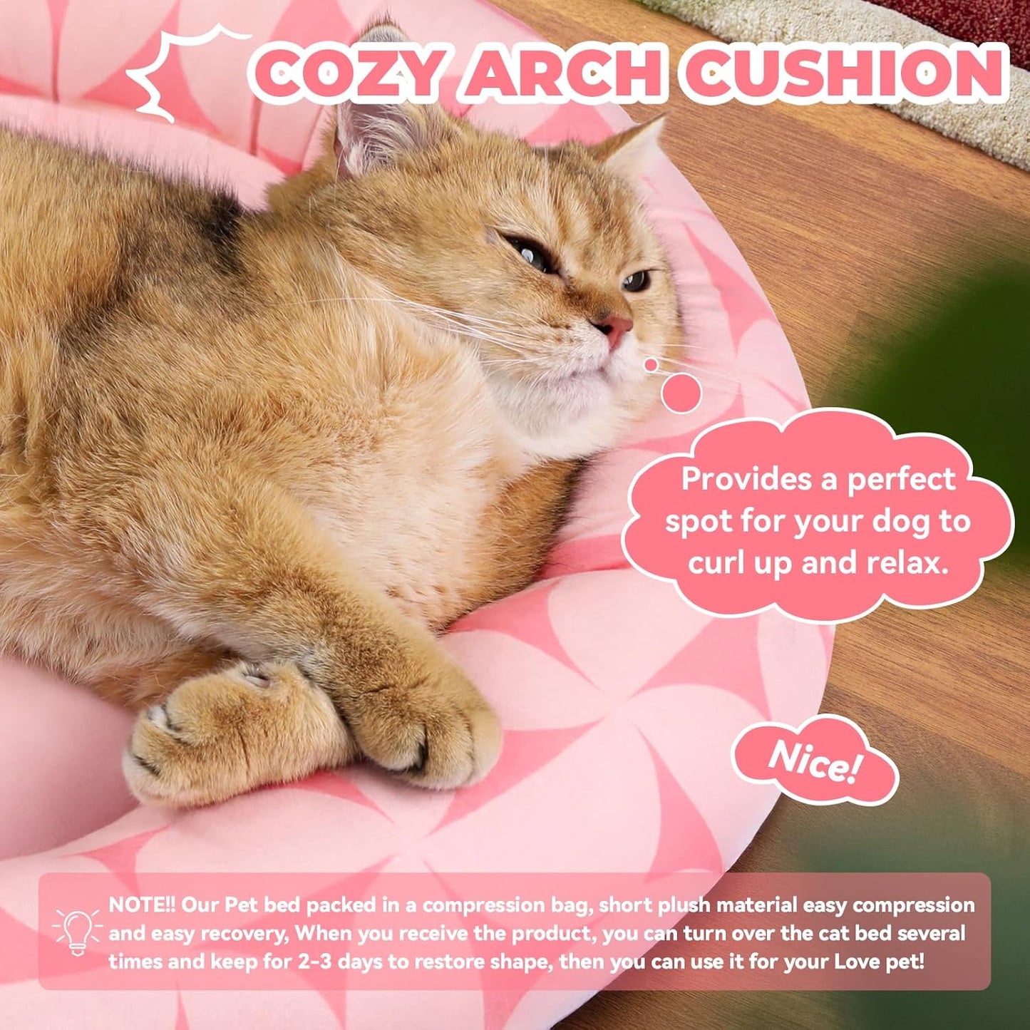 Cat Bed, 20In Dog Beds for Small Dogs, Calming Cat & Dog Beds for Indoor Pets, Pet Beds Comfortable Donut Round Ultra Soft (Pink Pattern, 20.0" L x 20.0" W x 6.5" Th)