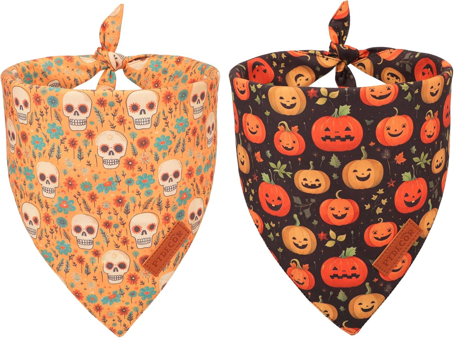 PTDECOR Halloween Dog Bandana, Skeleton Pumpkin Reversible Holiday Dog Scarf, Triangle Halloween Bandanas for Medium Large Dogs Pets (Large)