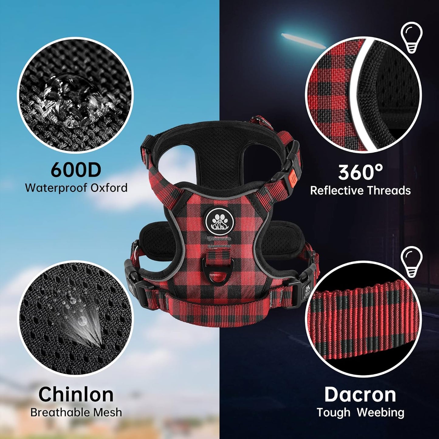 NESTROAD No Pull Dog Harness with Leash, Reflective No Choke Pet Vest Harness,Adjustable Soft Padded Dog Harness with Easy Control Handle for Medium Dogs(Checkered Red,Medium)