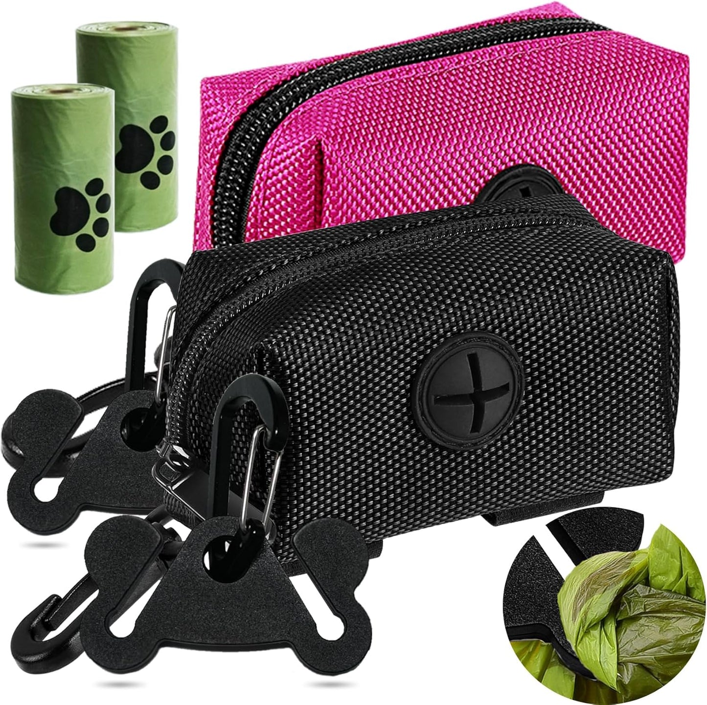 2Packs Dog Poop Bag Holder for Leash Attachment Dog Poop Bag Dispenser Dog Waste Bag Dispensers Dog Poop Bag Holders Fit Dog Leash Accessory With Hand Free Holder Carriers, Pink & Black