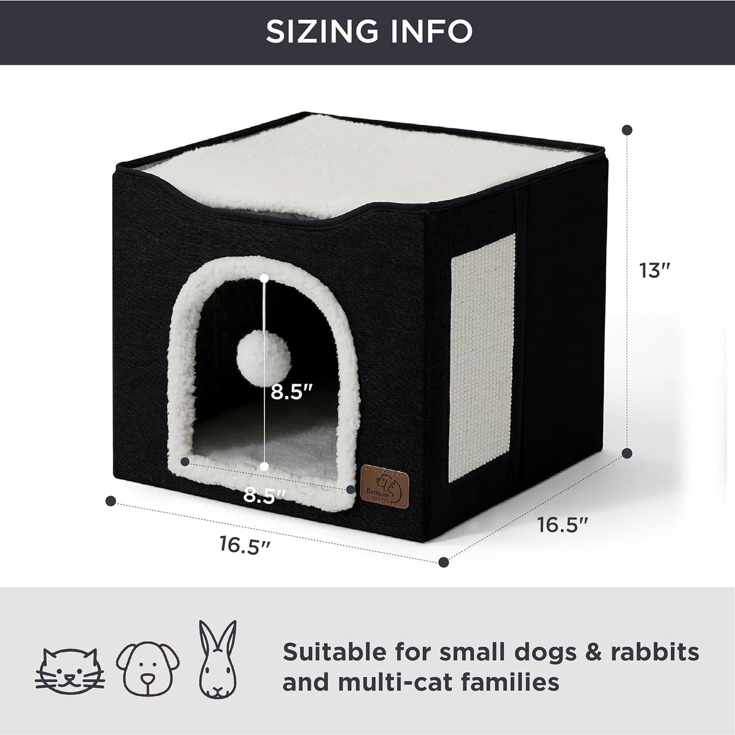 Bedsure Cat Beds for Indoor Cats - Large Cat Cave for Pet Cat House with Fluffy Ball Hanging and Scratch Pad, Foldable Cat Hideaway, 16.5x16.5x13 inches, Black