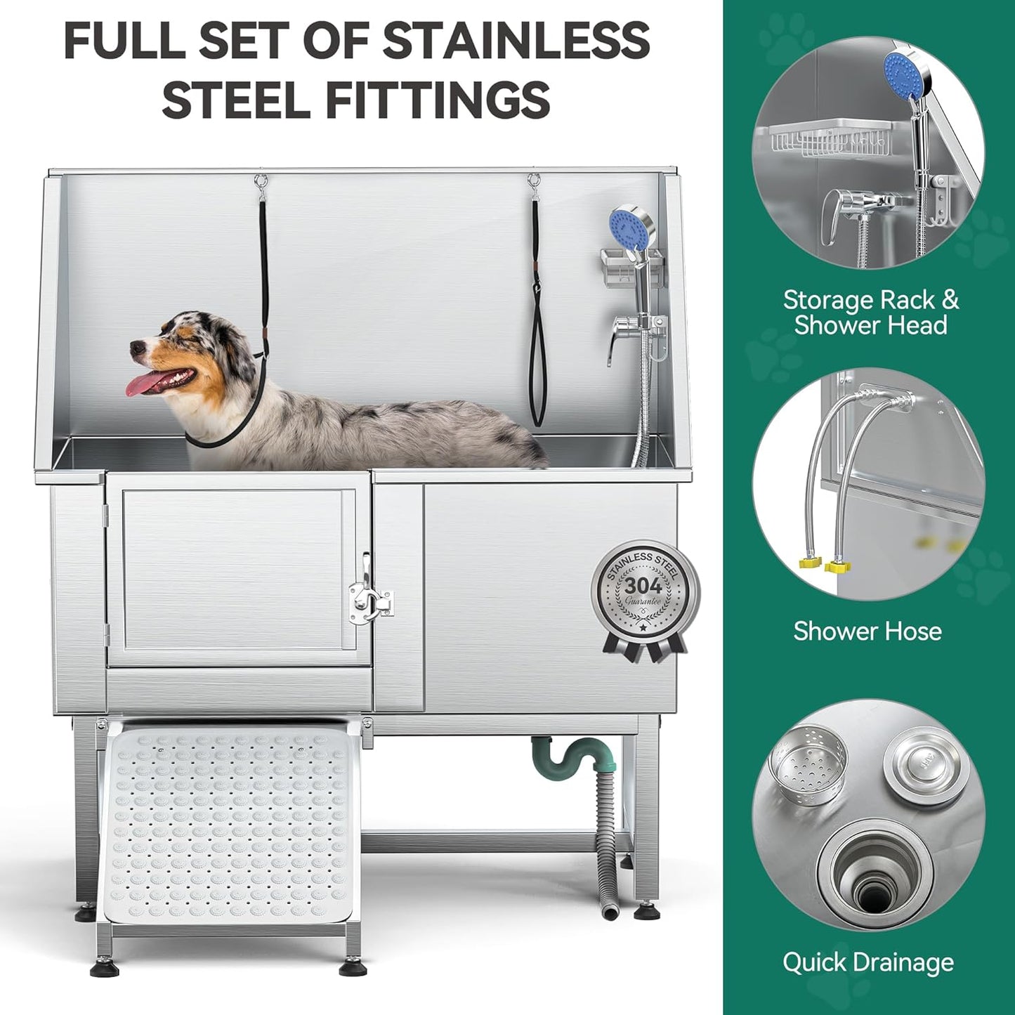 YITAHOME 50in Dog Grooming Tub Bathtub for Home 304 Stainless Steel Professional Dog Bath Washing Station w/Left Ramp, Faucet, Floor Grate for Large, Medium, Small Pets