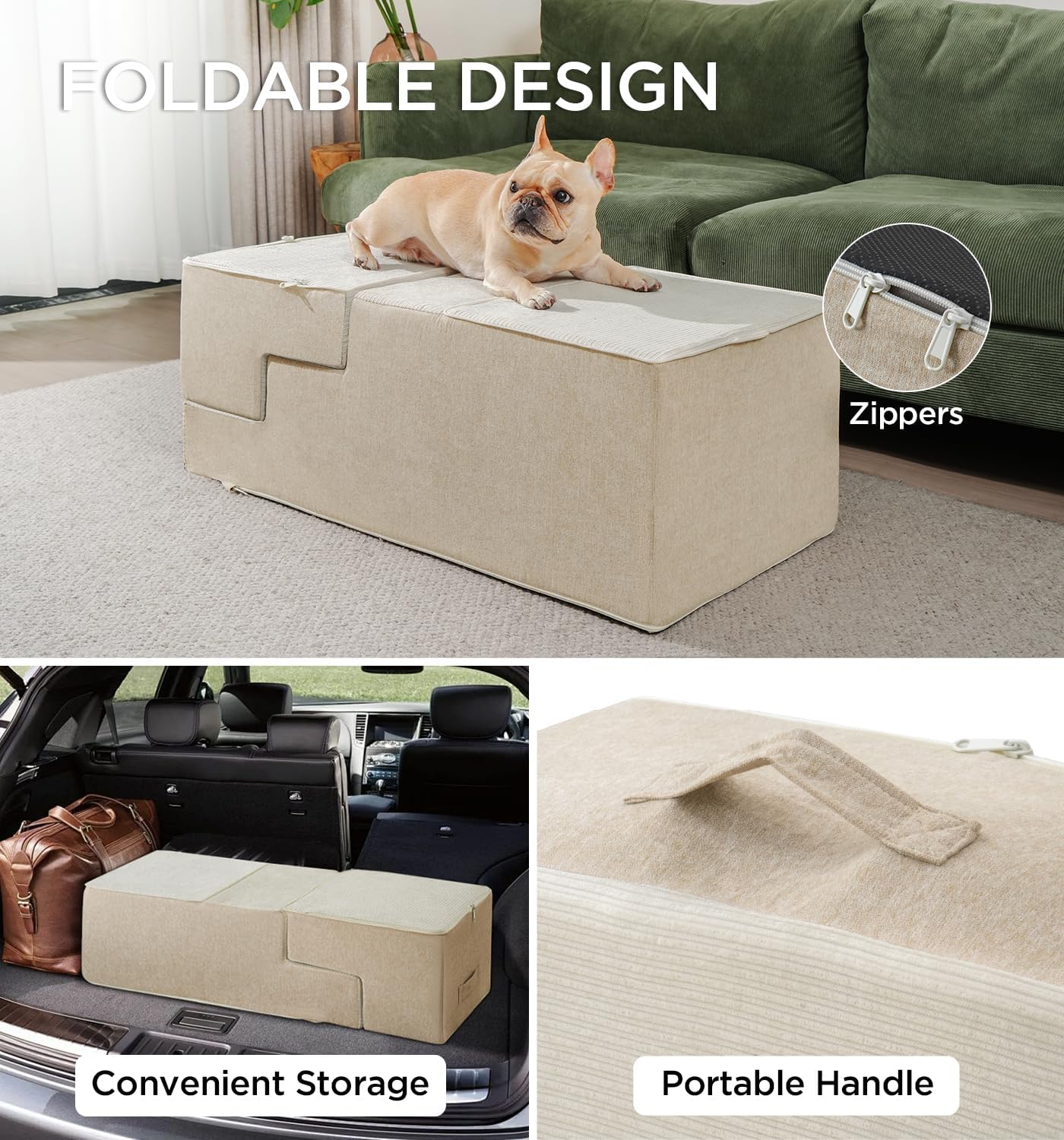 Made4Pets Dog Stairs for High Bed, Extra Wide Pet Stairs for Bed Couch Sofa, 35D Foam Pet Steps for Small Dogs and Cats, Non-Slip Bottom Dog Steps, Beige, 5 Steps