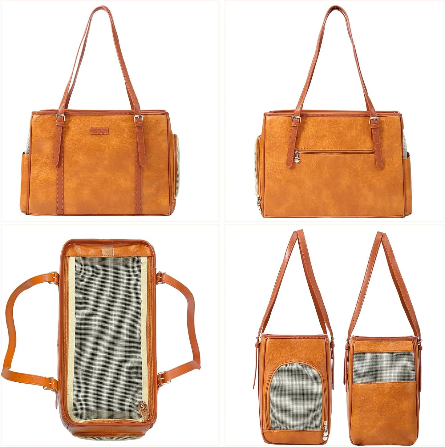 Fashion Dog Purse Pet Carrier Leather Bag for Small Dogs Cats Puppy, Portable Tote Bag Airline Approved Soft-Sided Carriers (Brown)