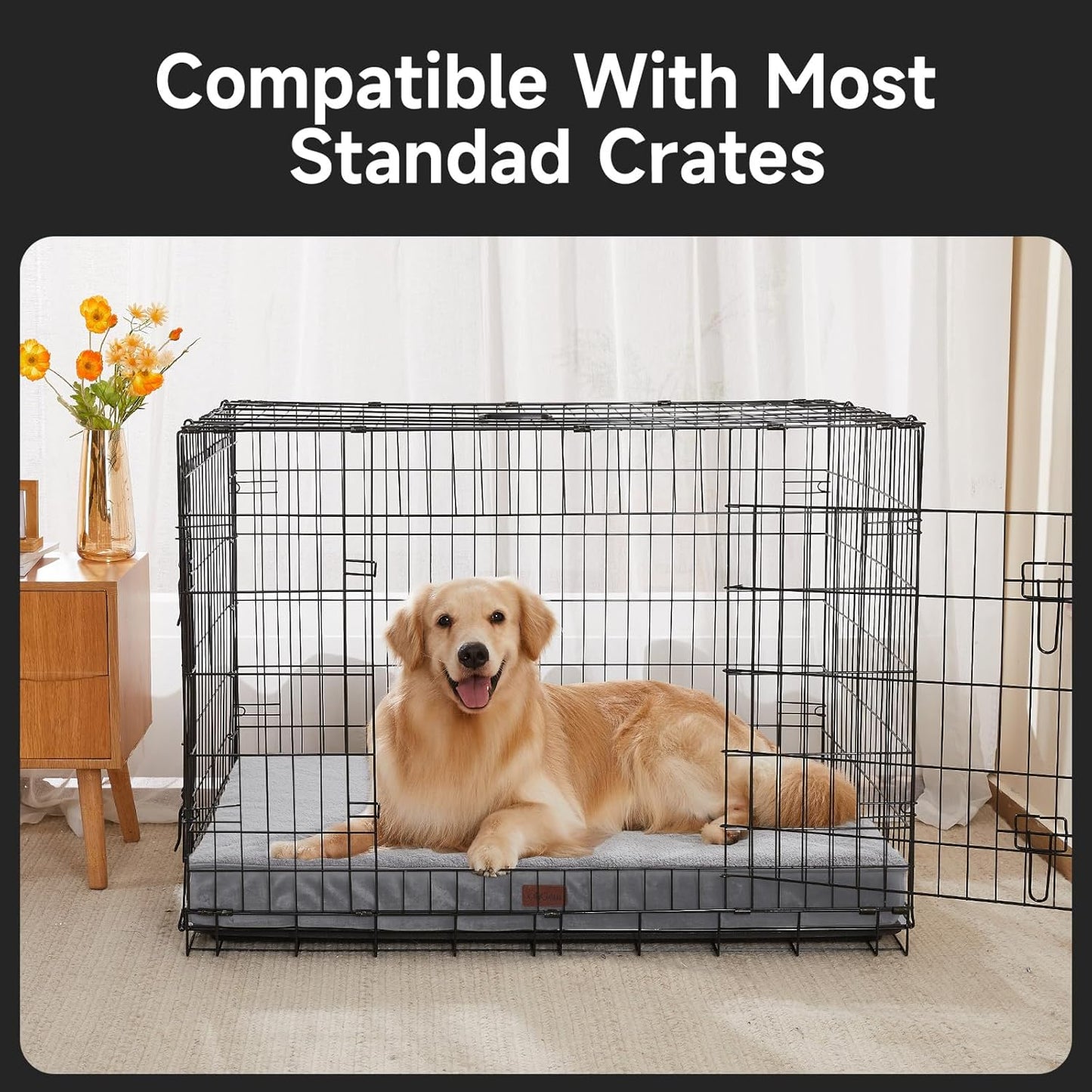 OhGeni Orthopedic Waterproof & Machine Washable Dog Bed for Large Pets, Suitable for Crates, 25D Egg Crate Foam, Non-Slip Bottom & Removable Cover, Sherpa Fabric, 41 Inches(Gray)