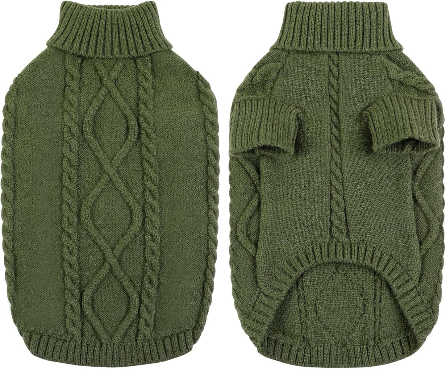Queenmore Small Dog Pullover Sweater, Cold Weather Cable Knitwear, Classic Turtleneck Thick Warm Clothes for Chihuahua, Bulldog, Dachshund, Pug (Army Green, X-Large)