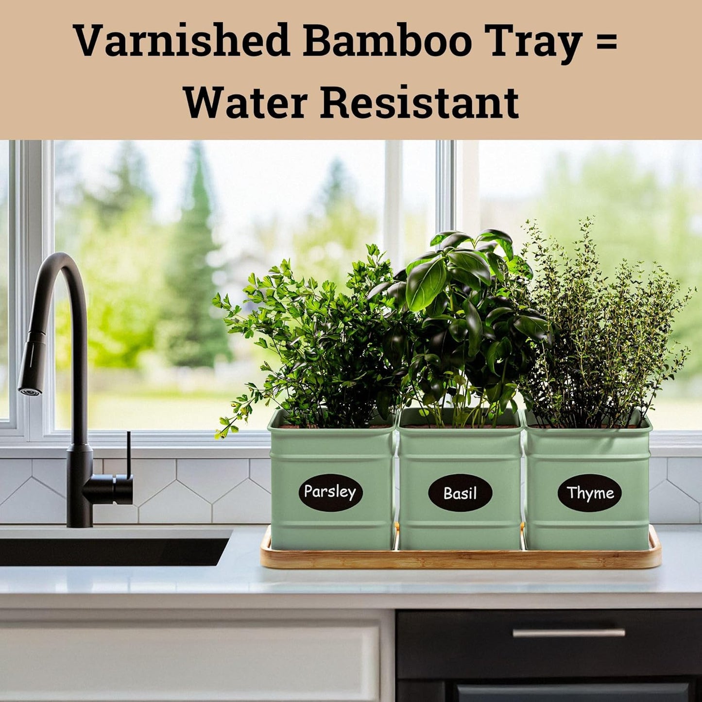 Herb Planter Indoor - 3 Iron Herb Pots with Drainage Holes, Varnished Bamboo Tray, Customizable Labels & Marker Pen - Indoor Herb Garden Planter - 3 Pots for Herbs - Inside Spice Garden - Basil Pot