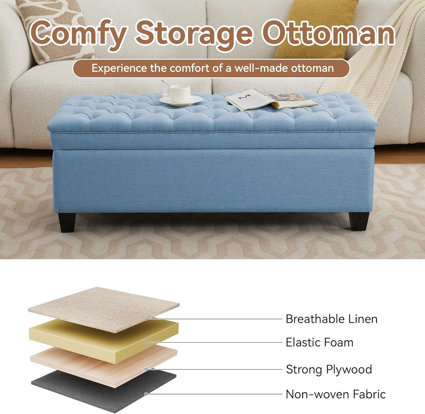 51" Fabric Storage Ottoman Bench, Upholstered Rectangle End of Bed Storage Ottoman Tufted Living Room Bedroom Bench with Safety Hinge, Solid Wood Legs, Loads 500 lb(Light Blue)