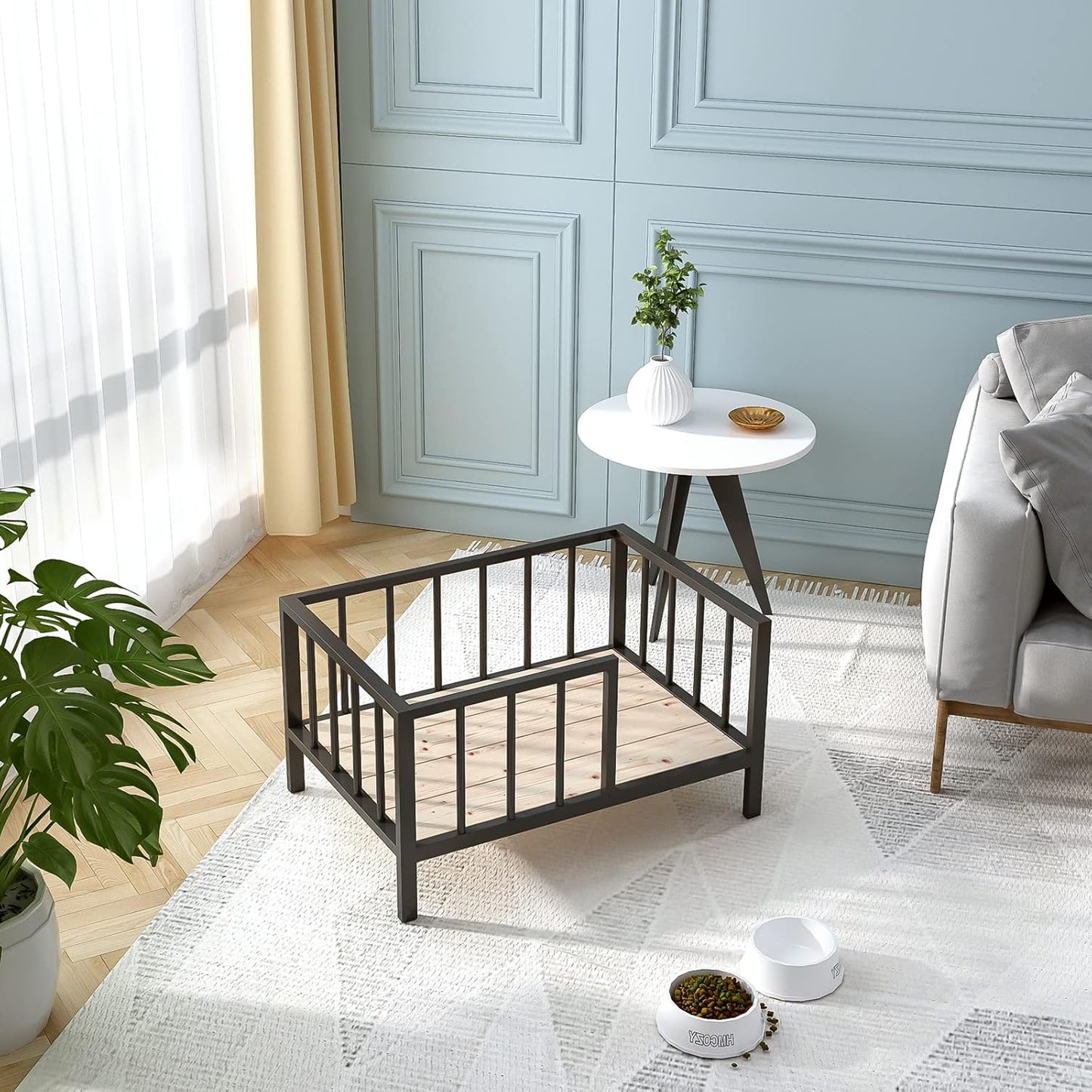 Dog Bed with Rails - Elevated Pet Metal Bed Frame with Solid Wood Board and Washable Soft Mat for Small Dog Indoor or Outdoor Use, 21.3" x 30", Black