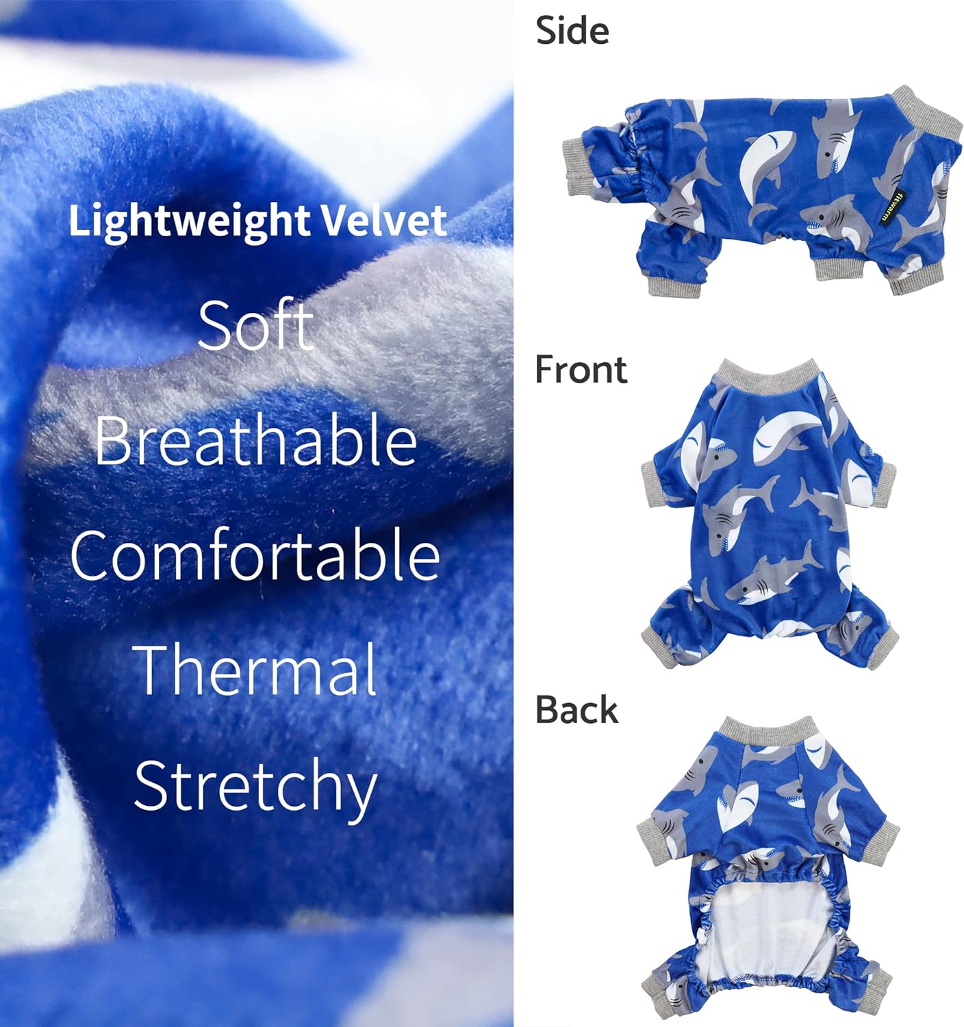 Fitwarm Shark Dog Pajamas, Dog Clothes for Small Dogs Girl Boy, Pet Onesie with Feet, Cat Outfit, Lightweight Velvet, Royal Blue, XL