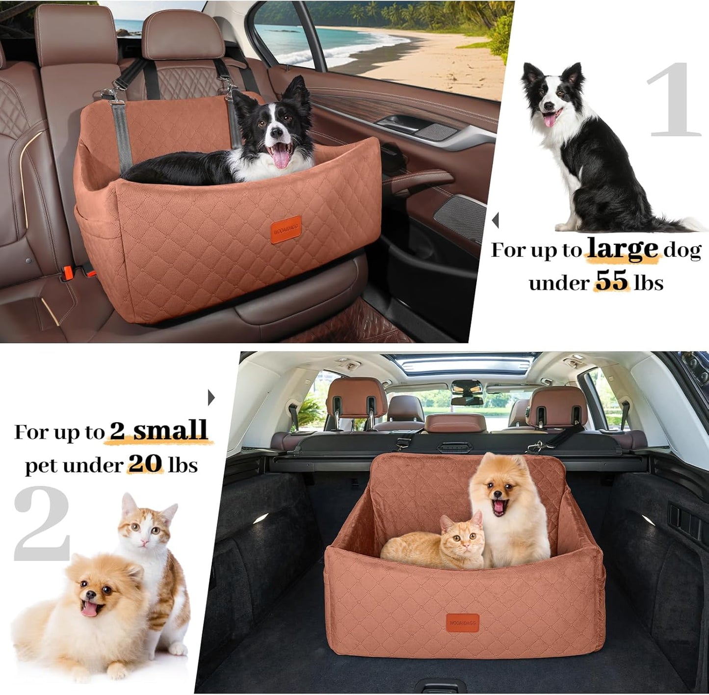 Dog Car Seat for Medium & Large Dogs Up to 55lbs, Memory Foam Cushion, Washable Cover, Safety Straps & Non-Slip Base (Brown, Large)