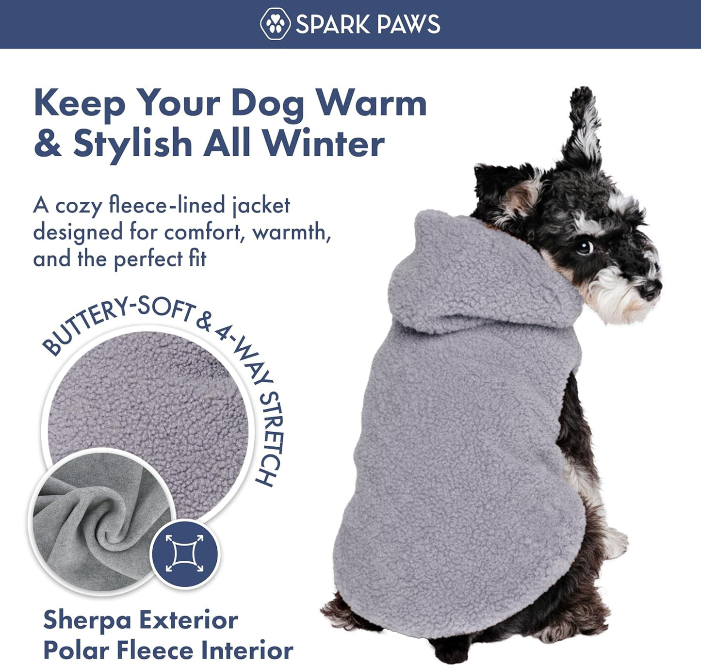 Spark Paws Teddy Dog Sweater, Sherpa Jacket Vest with Warm Fleece Lining, Winter Coat Suitable for Small Medium Large XL XXL Breeds - Grey - 2XL