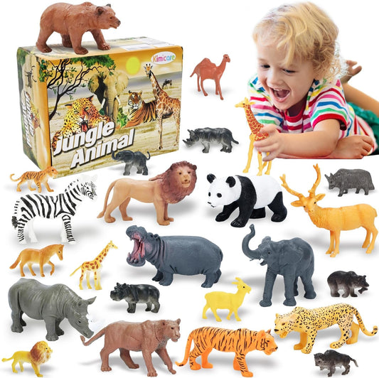 24Pcs Safari & Zoo Animals Figures, Realistic Plastic Animal Toys Set for Kids 1 2 3, Lion, Elephant, Perfect for Play, Education, Baby Shower Decor,Party Supplies Cake Topper