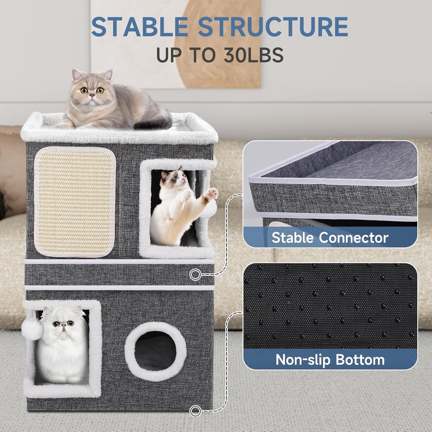 2-Storey Cat House for Indoor Cats, Separate Into 2 Large Cat Bed Cave with Hideaway Condos, Scratch Pads, Hanging Balls, Foldable Indoor Cat House Hold Up to 30LBS, Cat Cube for Multiple Cats Kitten