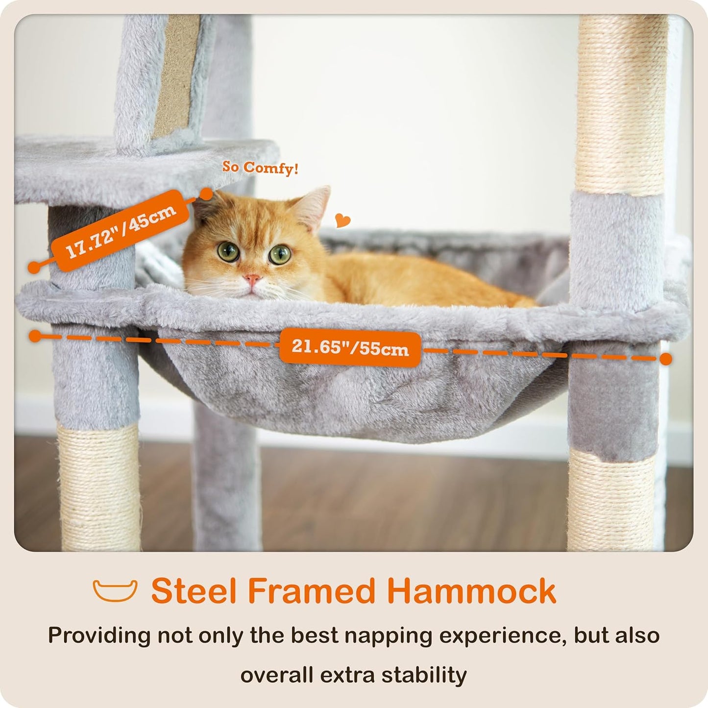 Ouritsu Cat Tree, 56 inch Tall Cat Tower for Large Cat Indoor, Large Condo, 2 Padded Perches, Steel-Framed Hammock, Scratching Post and ramp, Fluffy Basket, Light Gray, LF001GA