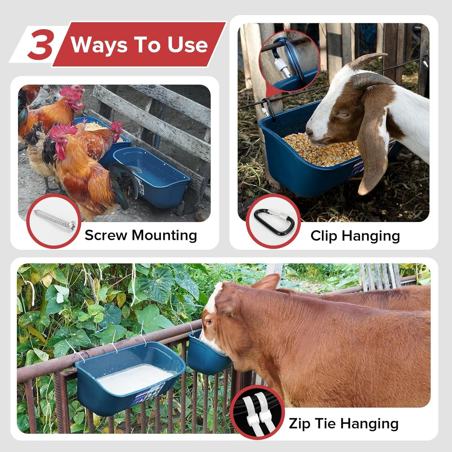 Goovilla Large Feed Trough, Hanging or Screw-in Fence Feeder with Clips, 2 Pack 9 Quart Goat Feeder Supplies, Dog Horse Hog Pig Livestock Poultry Plastic Feeder Trough Bucket for Large Animal, Blue