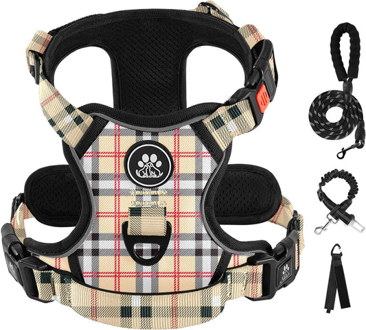IVY&LANE No Pull Dog Harness with Leash Set, Reflective No Choke Pet Vest,Adjustable Oxford Dog Vest Harness with Easy Control Handle for Medium Lagre Dogs (Checkered Beige,M)