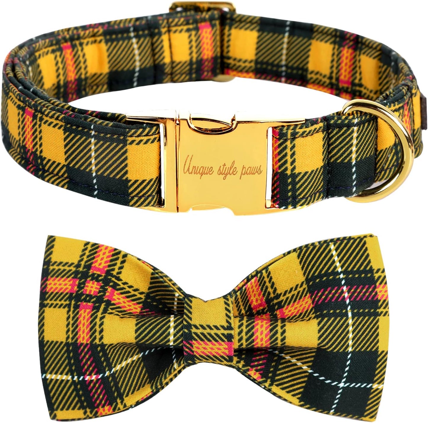 Unique Style Paws Bowtie Dog Collar - Cotton Plaid Adjustable for Small Medium Large Dogs - XL