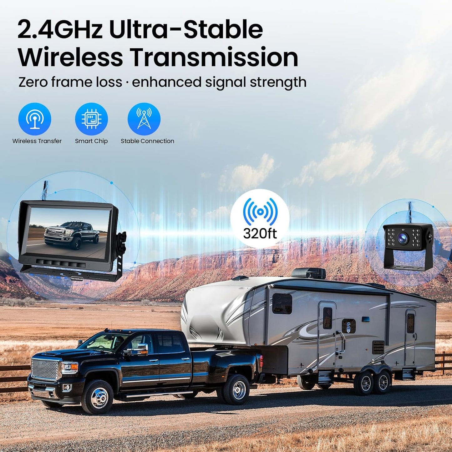 RV Backup Camera, Vehicle Backup Camera with AI Detection, 1080P Backup Cameras, 7'' Waterproof Wireless Backup Camera with DVR Recording & Night Vision for Car, Van, SUV, Truck, Trailer