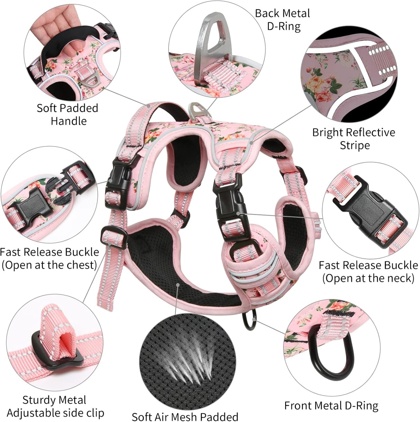 Timos No Pull Dog Harness,NO Need Go Over Dogs Head 3 Snap Buckles Reflective Oxford No Choke Harness with Front & Back 2 Metal Leash Clips Soft Padded for Small Medium Large Dogs Pink S
