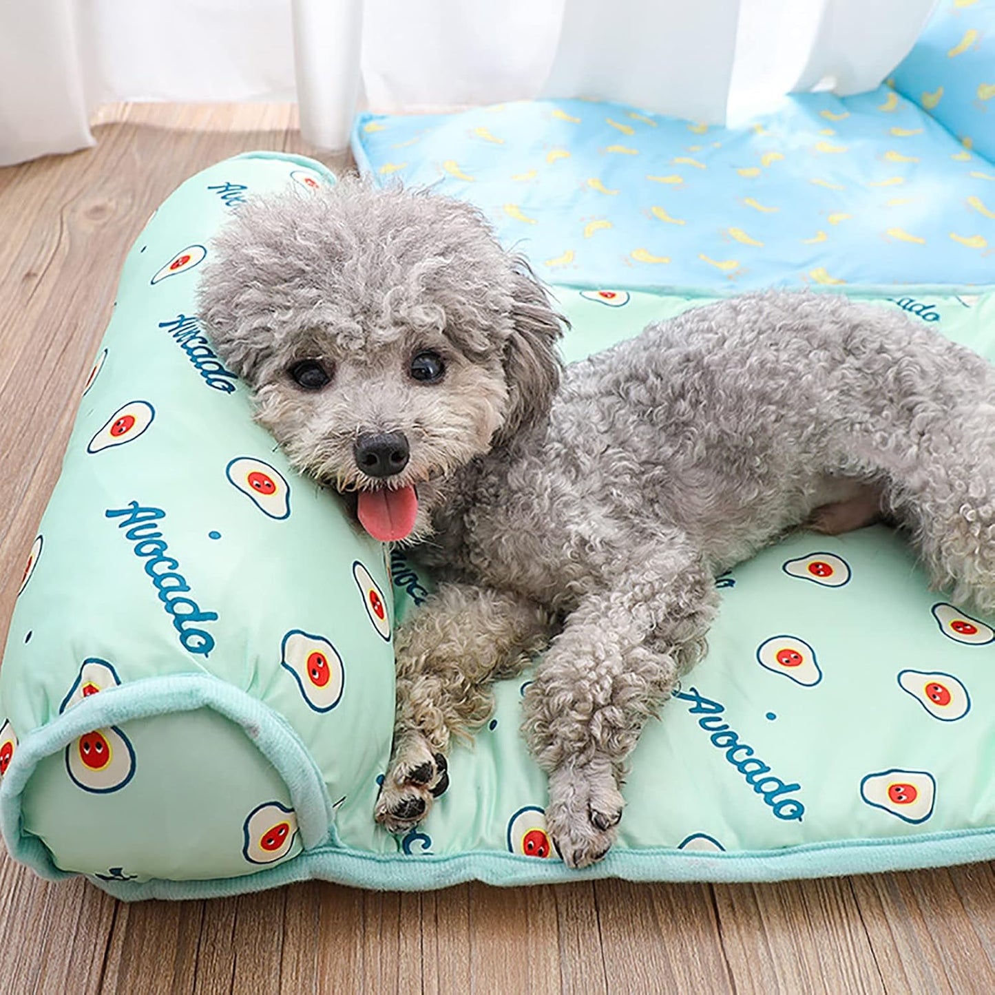 PUMYPOREITY Cooling Dog Bed, Pet Cooling Mat with Pillow, Ice Silk Cooling Dog Blanket, Self Cooling Pad for Cat,Dog, Washable Summer Pet Mat for Kennel, Crates, Sofa, Floor, Blue, L