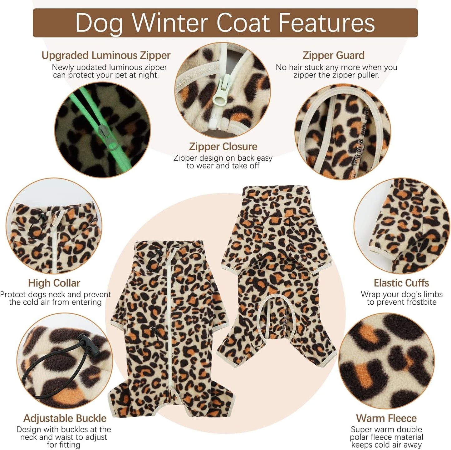 ROZKITCH Dog Pajamas Fleece, Pet Windproof Warm Cold Weather Jacket Vest with Luminous Zipper, Jumpsuit Apparel Outfit Clothes for Small Medium Large Dog Brown M