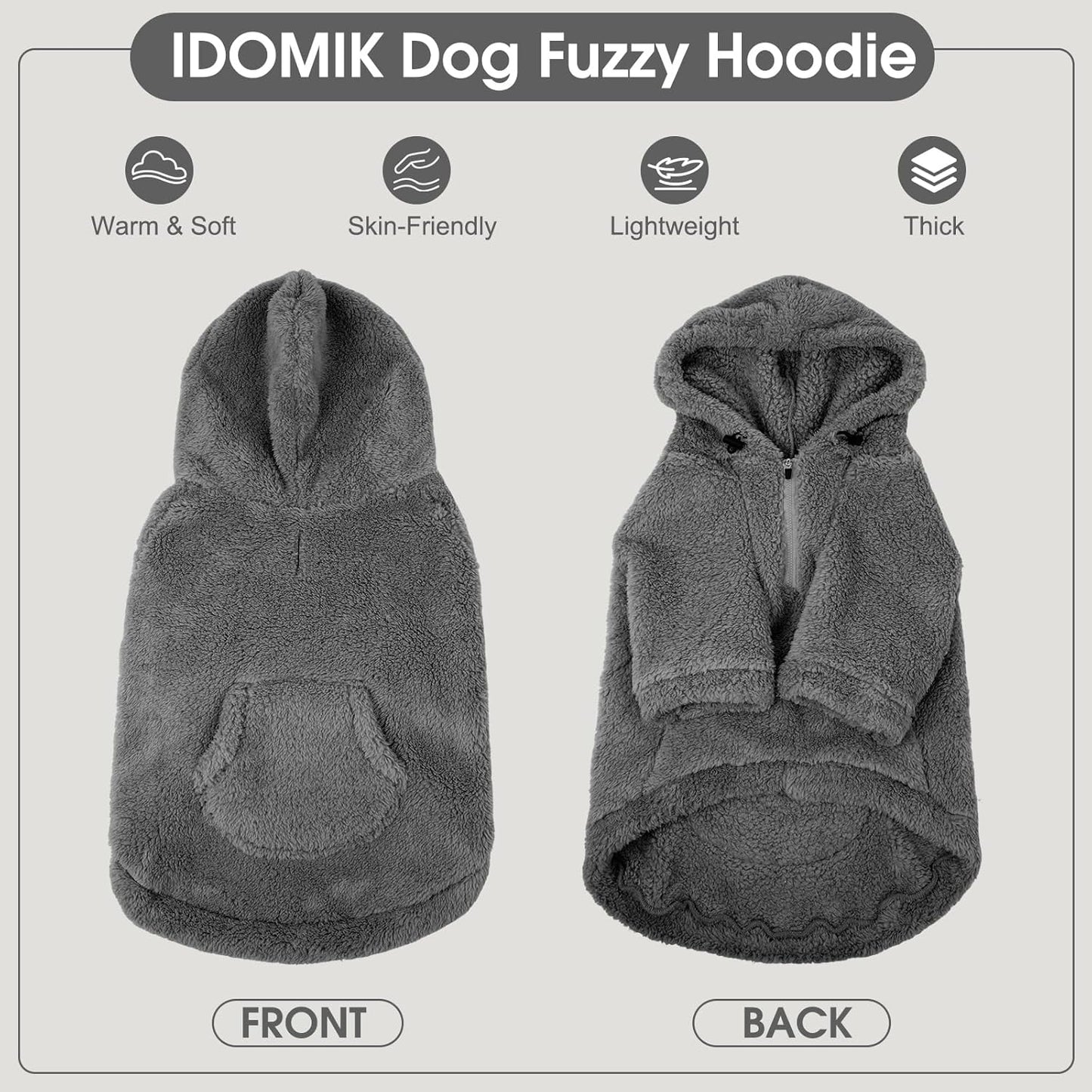 IDOMIK Fuzzy Dog Sweater with Adjustable Hood, Warm Fleece Dog Sweater Hoodie with Harness Hole & Pocket, Pullover Sweaters for Large Dogs, Fuzzy Hooded Sweatshirt for Fall Winter Christmas,Grey,XL