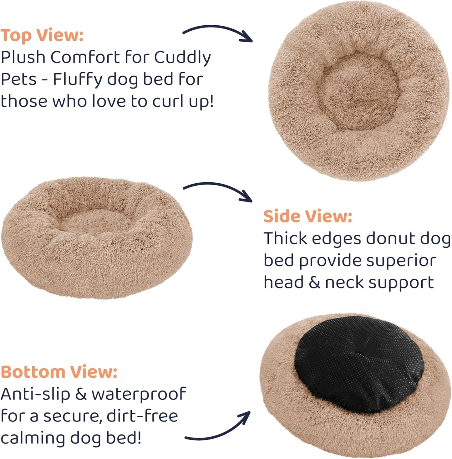 Donut Dog Bed - Premium Comfort for Anxiety Relief - Fluffy & Calming Design with Ultra-Plush Support | Cozy Round Dog Bed with Super Soft Circle Style (Size L Camel)
