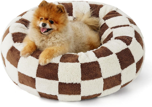 LE SURE Donut Small Dog Bed - Round Cat Beds for Indoor Cats Anti-Anxiety Calming Pet Beds, Washable Cute Modern Beds with Teddy Sherpa Plush & Anti Slip Bottom Brwon