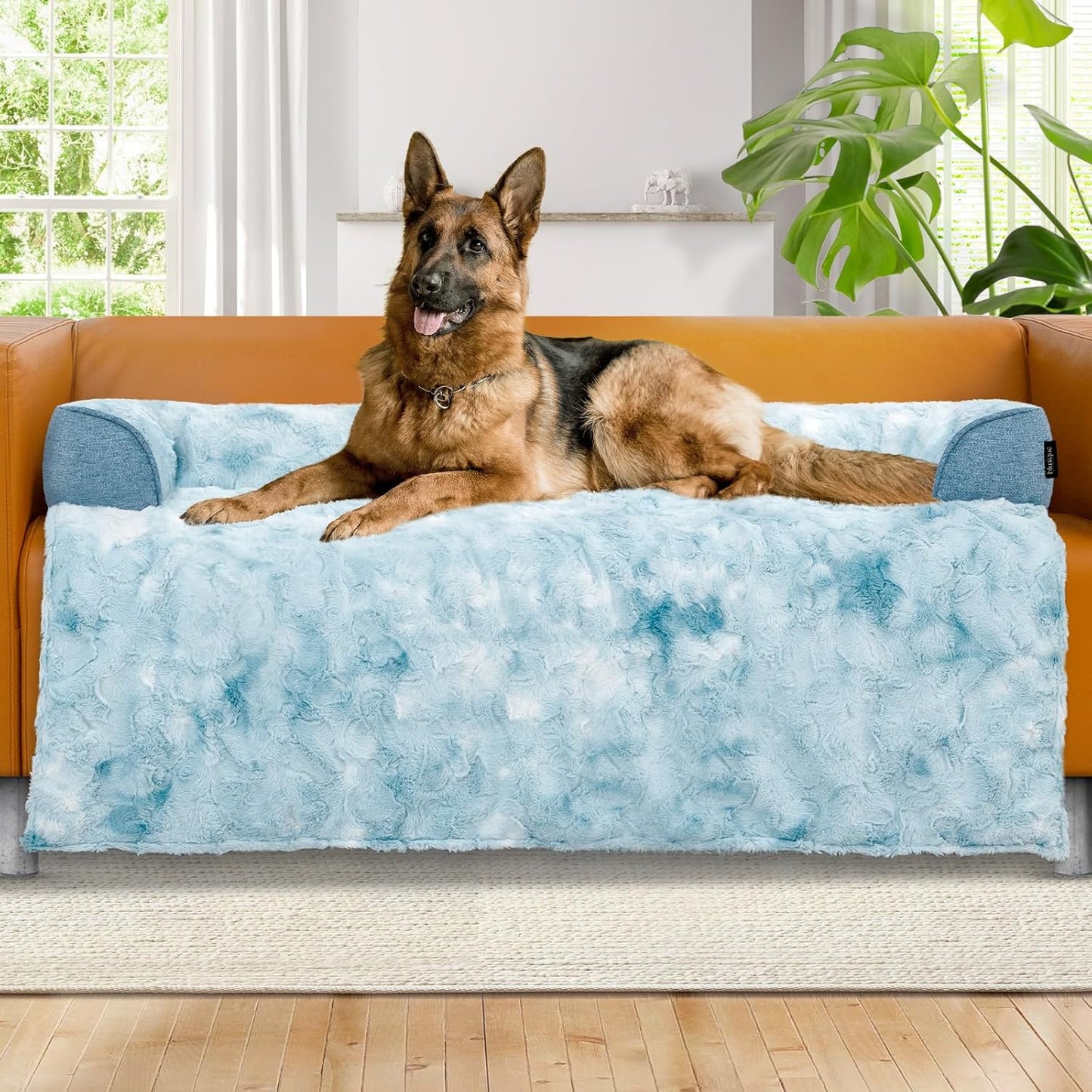 Calming Extra Large Dog Couch Bed for Dogs, 45 x 37 inch Waterproof Removable Pet Mat Couch Cover for Furniture Protector, Non-Slip Fluffy Pelsbarn Dog Bed for Couch, Sofa, Car - Tie-Dye Blue