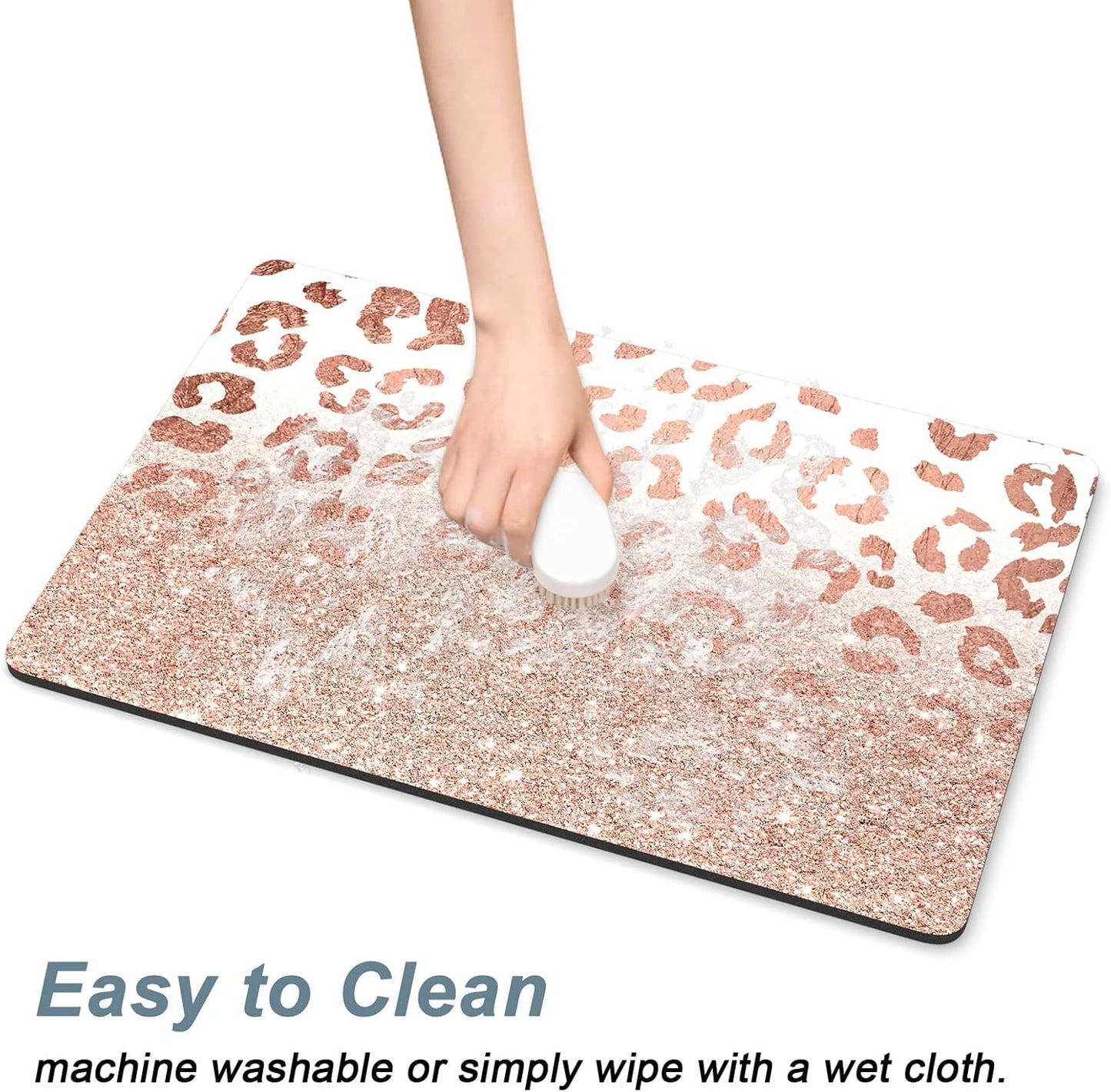 Rnivvi Dog Food Mat, 12" x 19" Leopard Absorbent Dog Cat Bowl Mat for Food and Water, Cute Anti-Slip Rubber Pet Feeding Rug Protect Floors, Puppy Placemat for Feeding & Watering Supplies, Rose