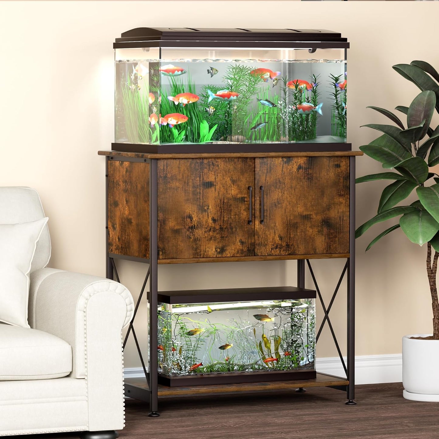 20-29 Gallon Aquarium Stand Metal Frame Fish Tank Stand with Cabinet Storage, for 20 Gallon Long Aquarium,30.7" L*16.5" W Tabletop,330LBS Capacity Rustic Brown and Black PG01YGN
