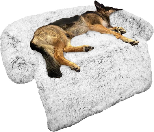 Calming Dog Bed Fluffy Plush Dog Mat for Furniture Protector with Removable Washable Cover for Large Medium Small Dogs and Cats (Large, Light Grey)