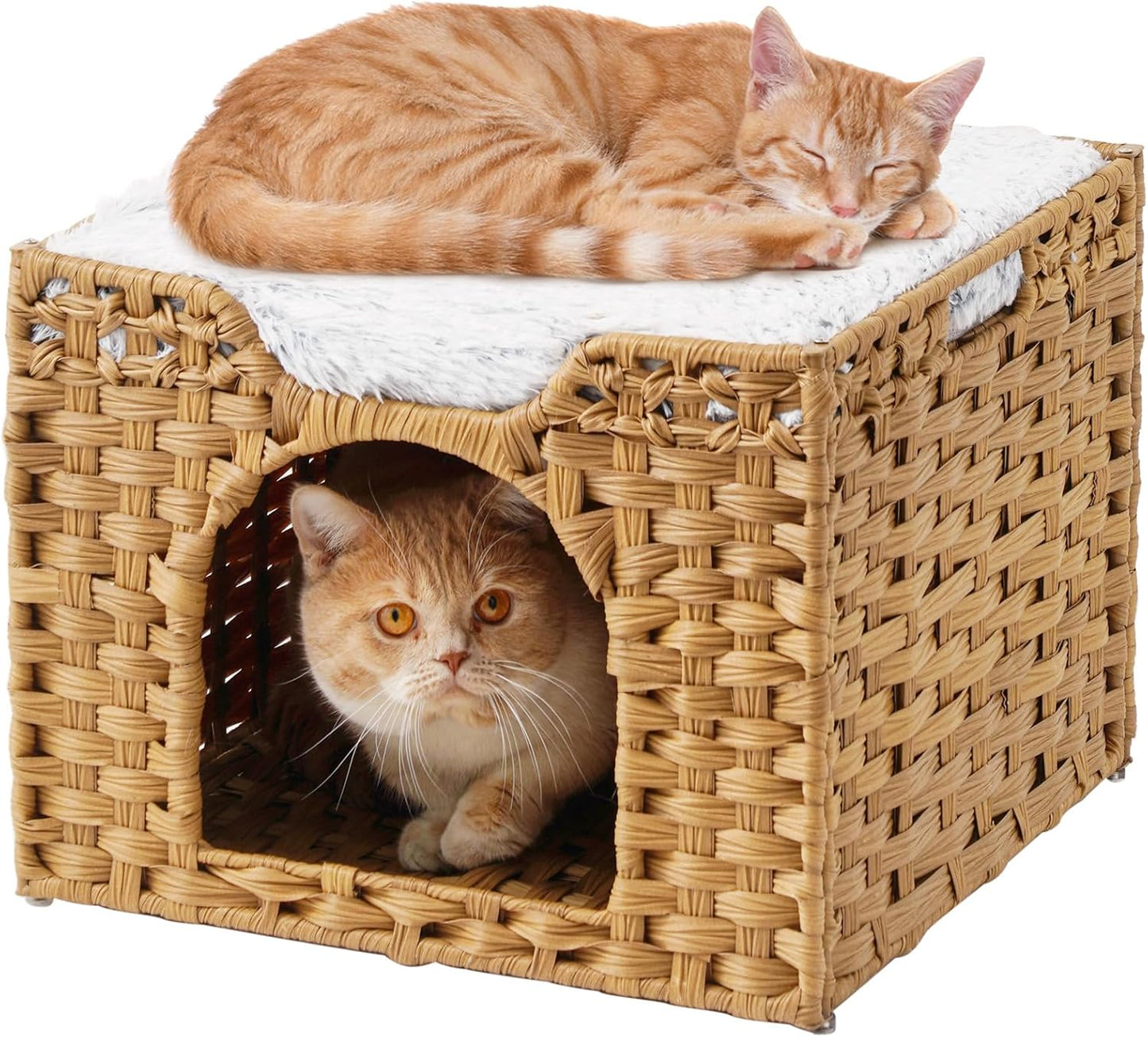 Cat Beds Indoor Kitten House, Handwoven Rattan Cat Cave Pet Cube, Large Cat Houses, One Bed Mat, Foldable, Hideaway, 16.5x16.5x13.2 Inches, 2 S-Shaped Hooks in Living Room Bedroom Natural