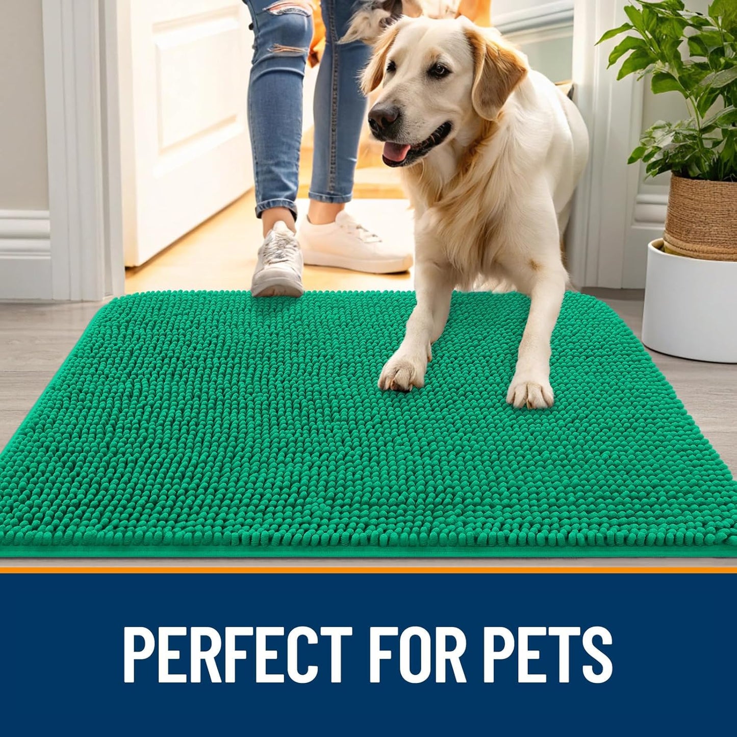OLANLY Dog Door Mat for Muddy Paws 30x20, Absorbs Moisture and Dirt, Absorbent Non-Slip Washable Doormat, Quick Dry Chenille Mud Mat, Entry Indoor Entryway Carpet for Inside Floor, Emerald Green