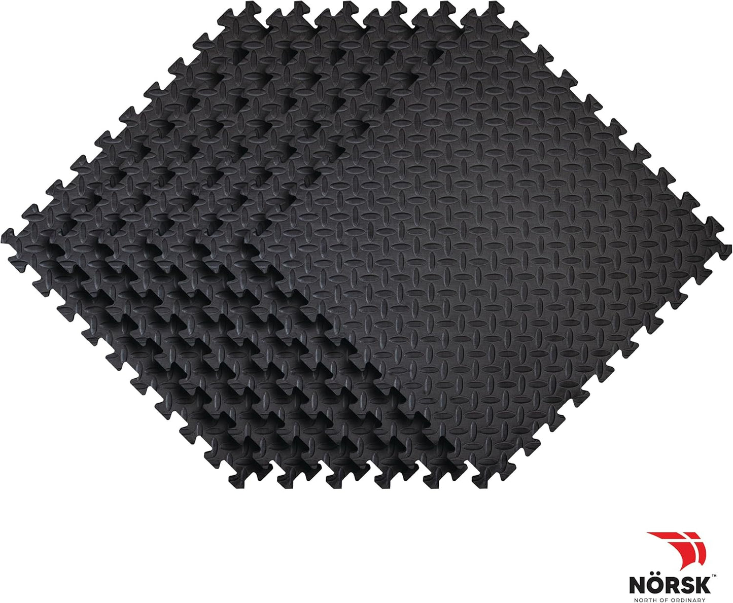 Norsk Foam Floor Gym Mats with Interlocking Tiles, .47" Thick, 24"x24", 36-Pack, 144 Square Feet, Diamond Plate Design, Black