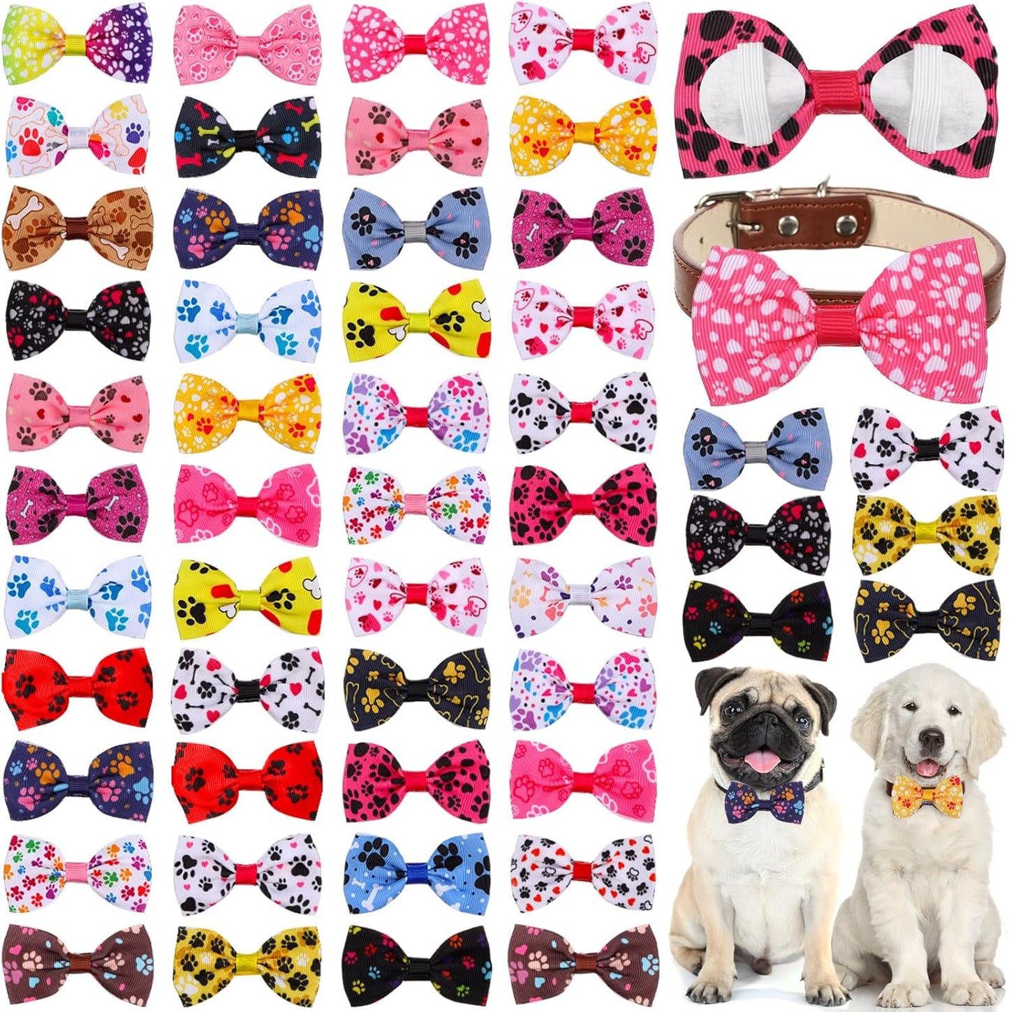 Reginary 50 Pieces Dog Bow Ties Pet Collar Bow Puppy Collar Attachment with Rubber Bands for Small Medium Cat Pet Grooming Charms Accessories Wedding Birthday Occasion(Dog Paw Style)