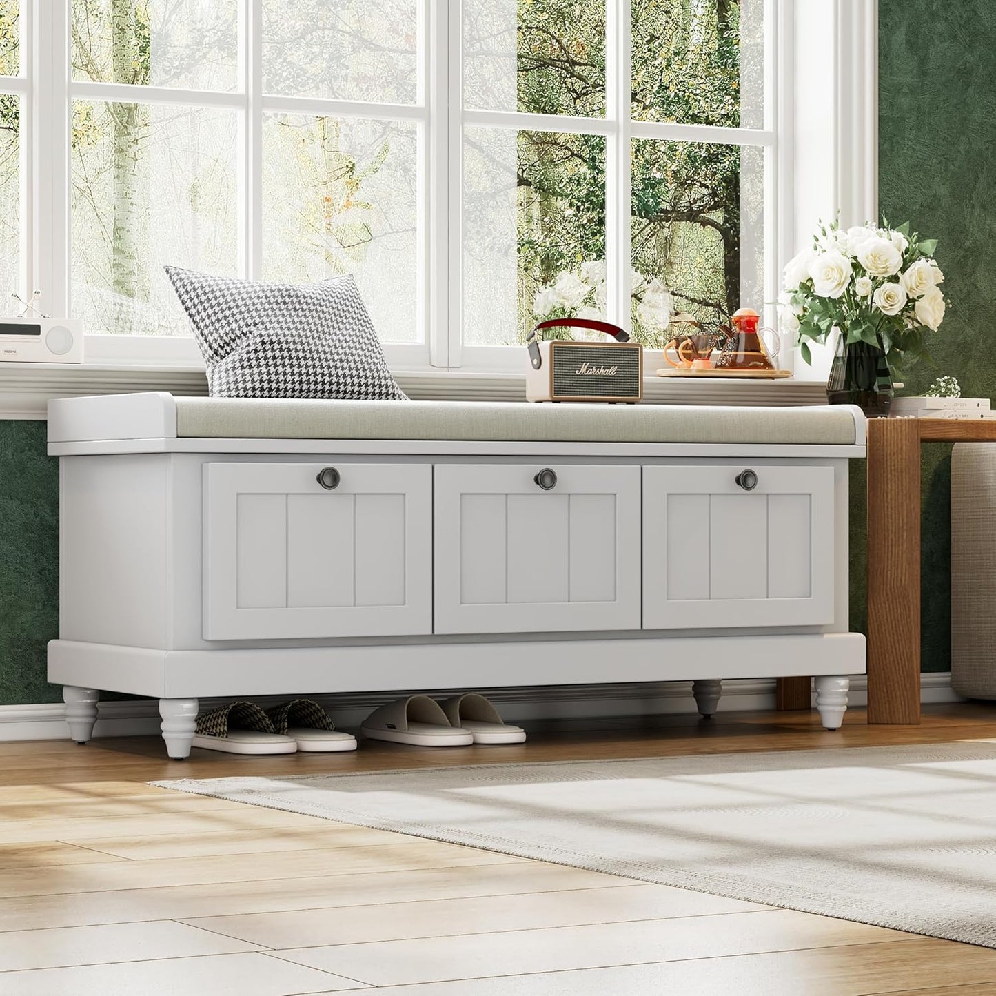 Classic Shoe Storage Bench with Cushion and Three Drawers, Fluted Entryway Bench with Storage for Entryway, Living Room, Hallways 44.0" L x 15.9" W x 18.9" H Gray Wash