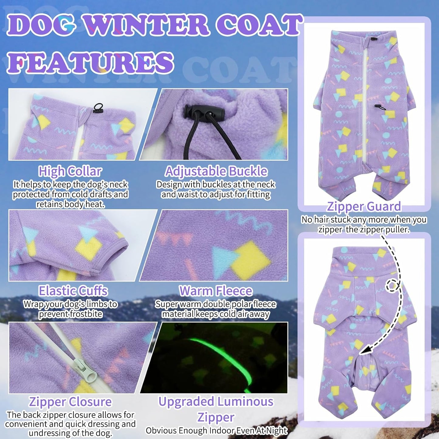 ROZKITCH Fleece Pajamas Dog Fleece Pajamas, Pet Windproof Warm Cold Weather Jacket Vest with Luminous Zipper, Pullover Jumpsuit Apparel Outfit Clothes for Small Dog Geometry 2XS