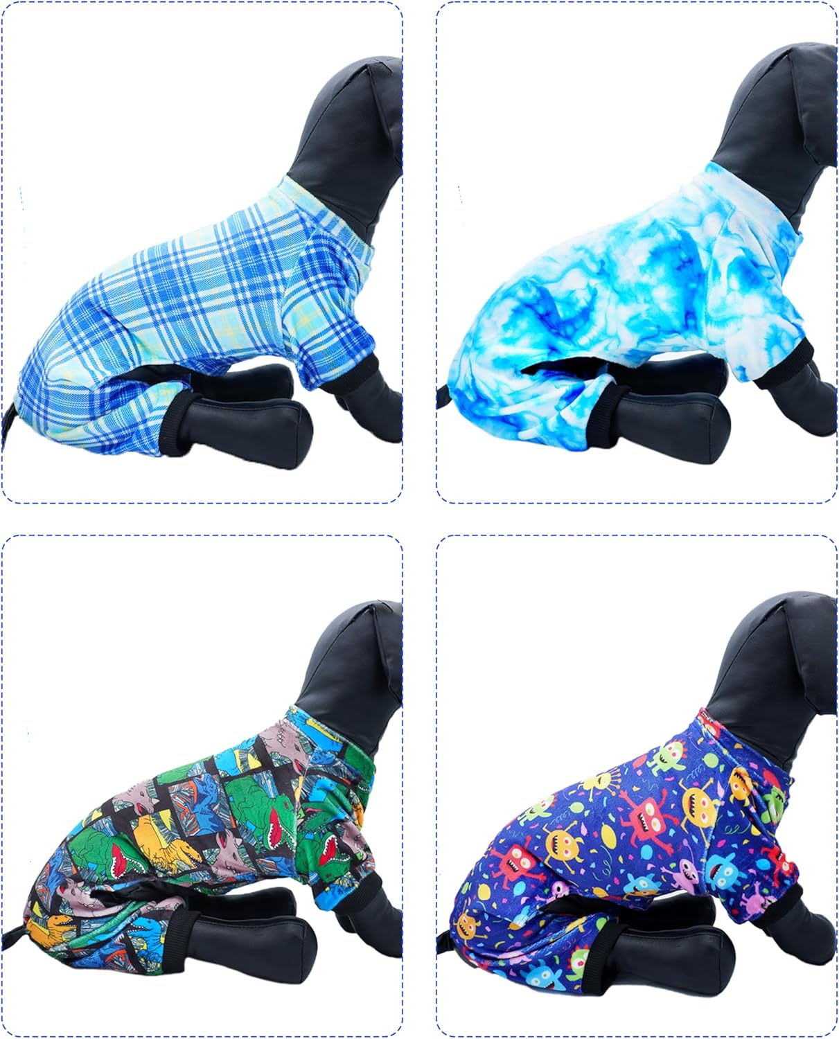 PET SHOW 4 Pack Small Dog Pajamas Cute Dinosaur Monster Clothes for Medium Dogs Soft Stretchy PJs Plaid Jumpsuit Puppy Cats Tie Dye Onesies Outfits with Sleeve Pets Dachshund Costume(M, Blue for Boys)